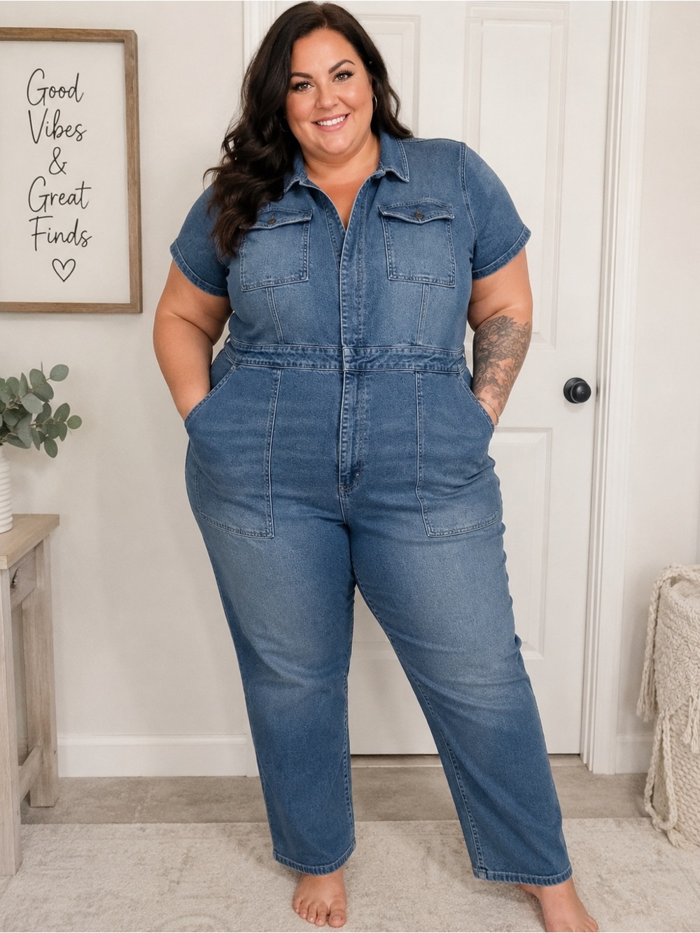 Good American Blue Denim Short-Sleeve Jumpsuit